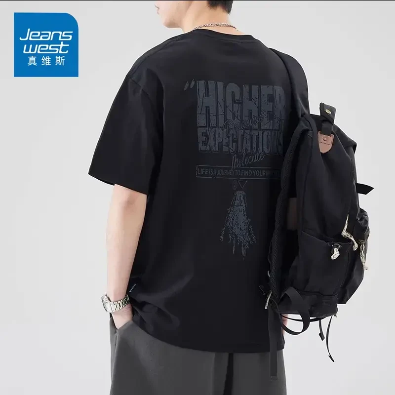 真维斯新款纯棉T恤男士夏季宽松美式休闲高街ins印花半袖上衣短袖