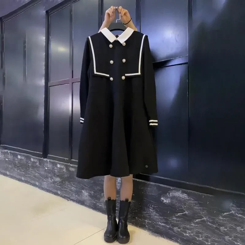 大码女装胖妹妹秋冬新款黑色连衣裙学院风百搭显瘦长袖宽松连衣裙
