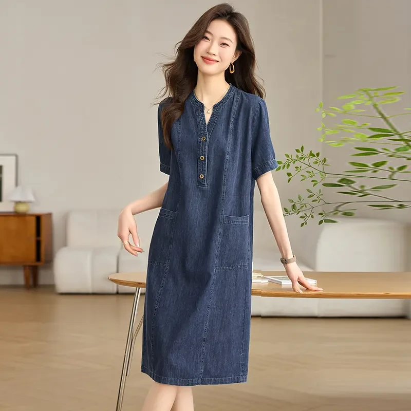 显瘦裙子韩版简约女夏季新款时尚休闲宽松中长裙牛仔连衣裙女