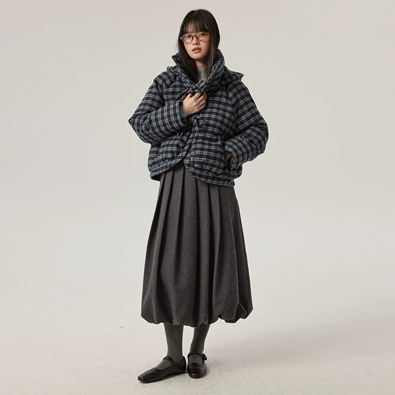 omontomont蛋挞家 高腰毛呢蓬蓬花苞裙子2024冬季毛呢中长半身裙