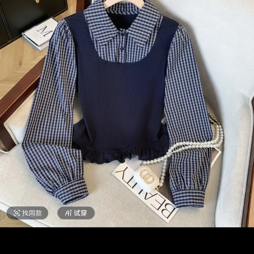 温柔风格子假两件POLO领长袖衬衫女早秋打底上衣