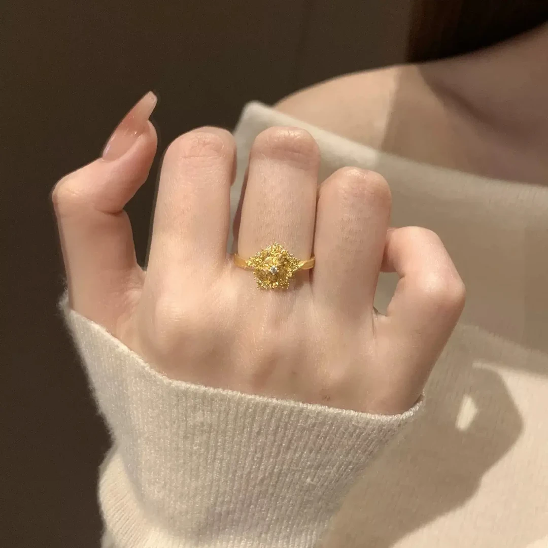铜合金戒指 超闪新中式五角星雪花开口戒指女小众戒指