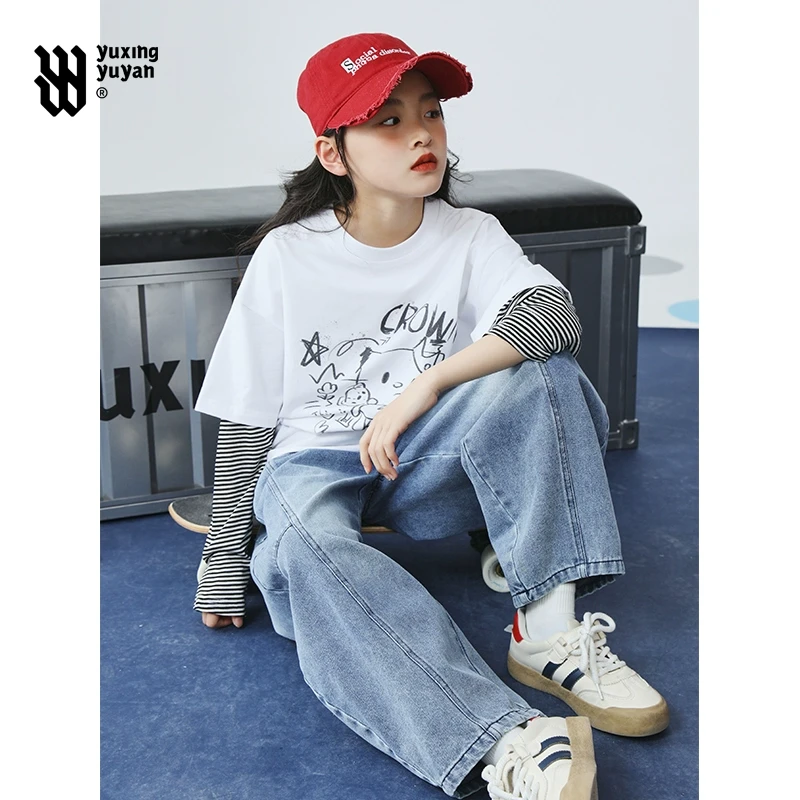 雨星雨嫣女童牛仔裤2025春夏装新款女大童初中生宽松儿童弯刀裤50