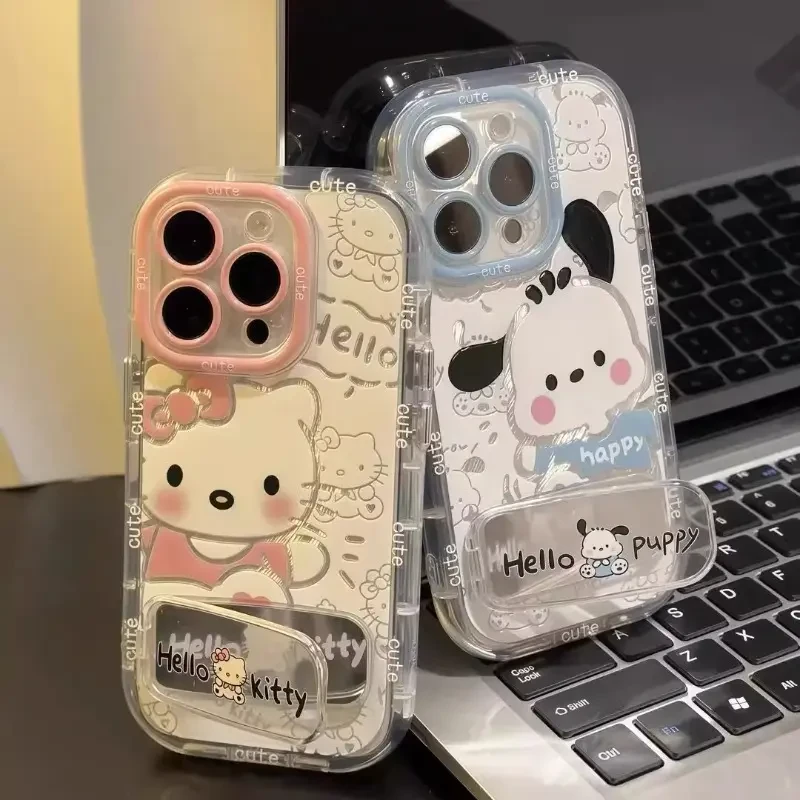 适用情侣Kitty猫镜面支架苹果16华为新款oppo小米vivo羽纱手机壳