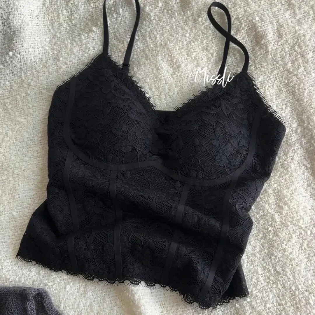 爆款纯欲蕾丝鱼骨吊带背心女秋冬新款聚拢带杯垫一体内搭外穿上衣