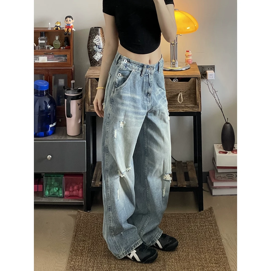 阿渔快跑美式复古破洞阔腿牛仔裤男女宽松休闲潮高腰垂感做旧长裤