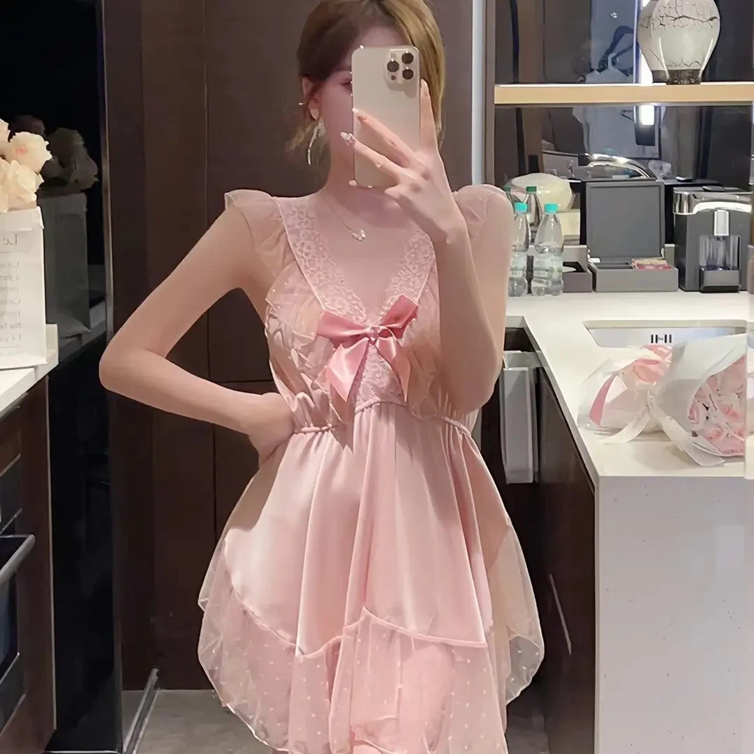 网红爆款女性感V领甜美露背韩版睡裙睡衣美背轻奢蕾丝显瘦纯欲风