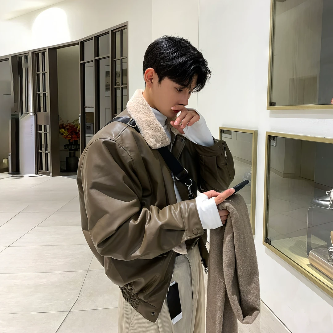 冬季毛绒翻领皮夹克男韩版潮流时尚短款宽松休闲百搭保暖加厚外套