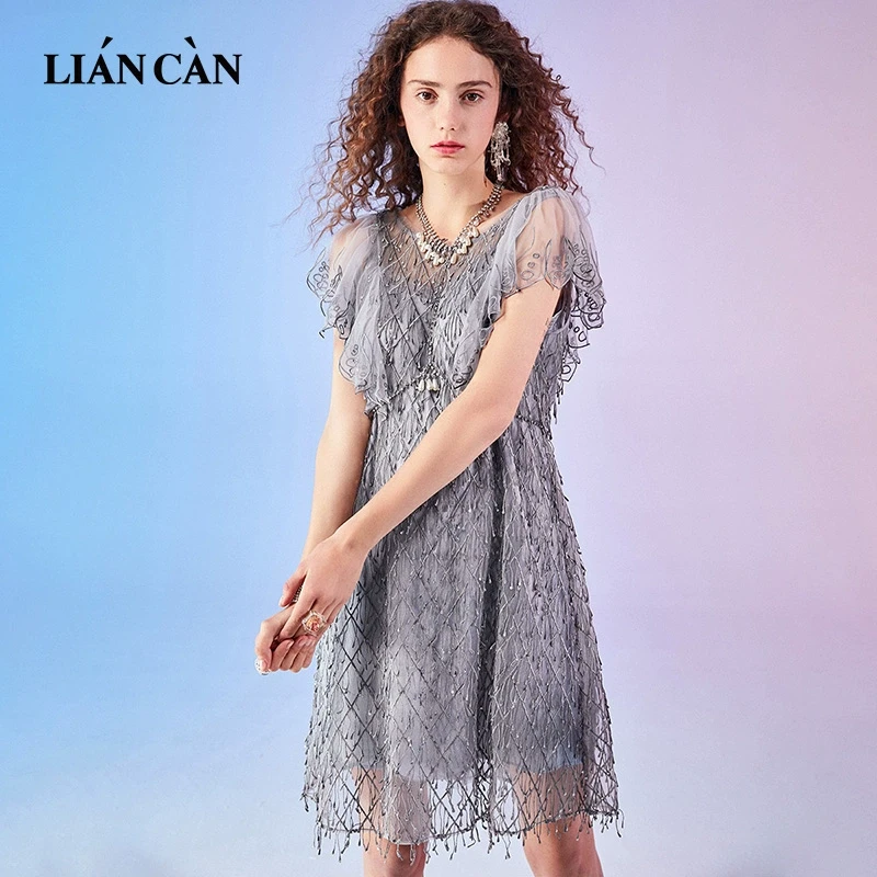 莲灿2025法式浪漫菱格流苏荷叶袖蕾丝短袖连衣裙7122220003
