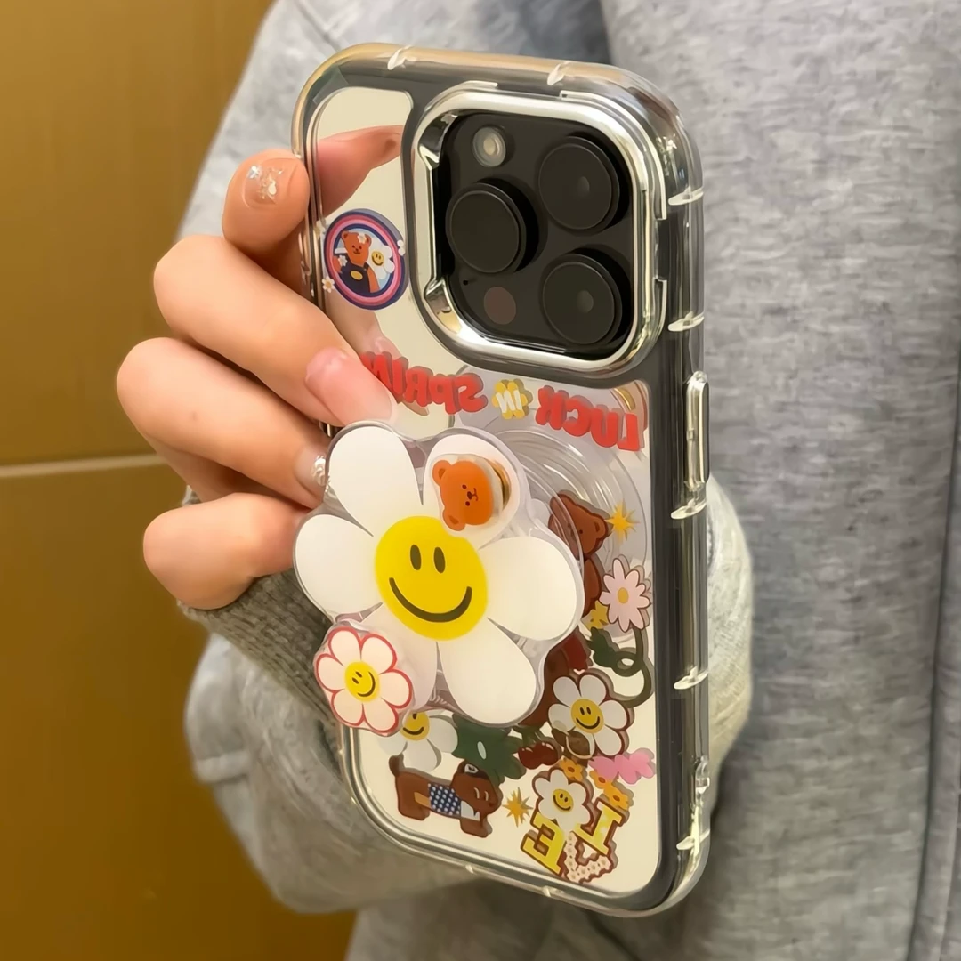 韩系可爱卡通镜面小熊太阳花笑脸支架适用于16手机壳14/15/13软边