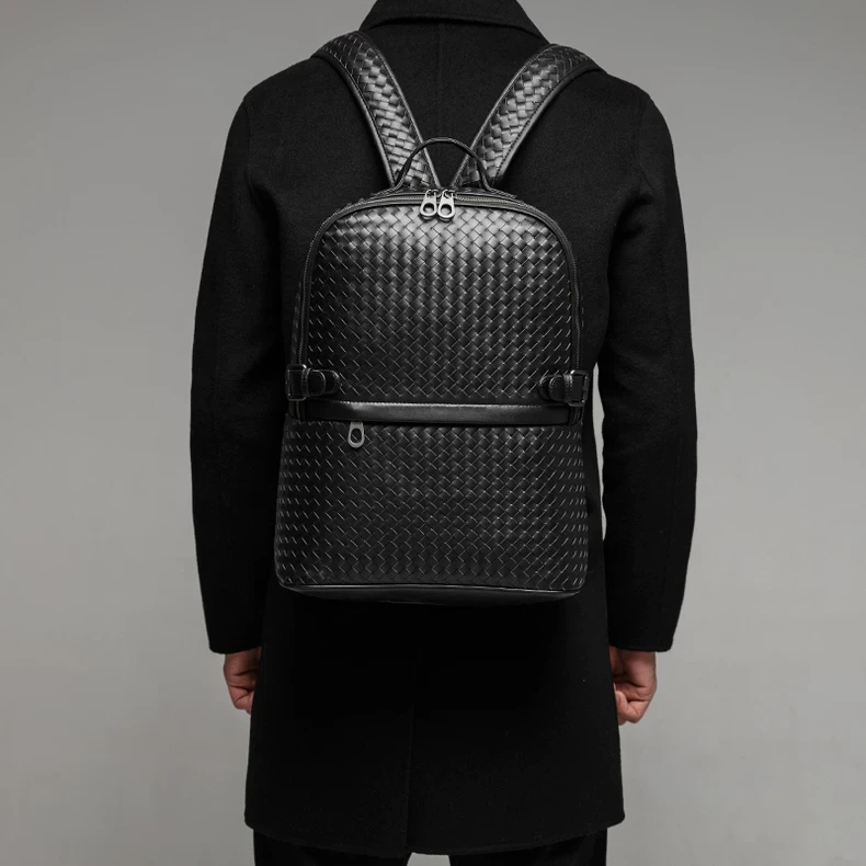 X&BV男士双肩包真皮大容量商务休闲旅行电脑背包编织男包时尚书包