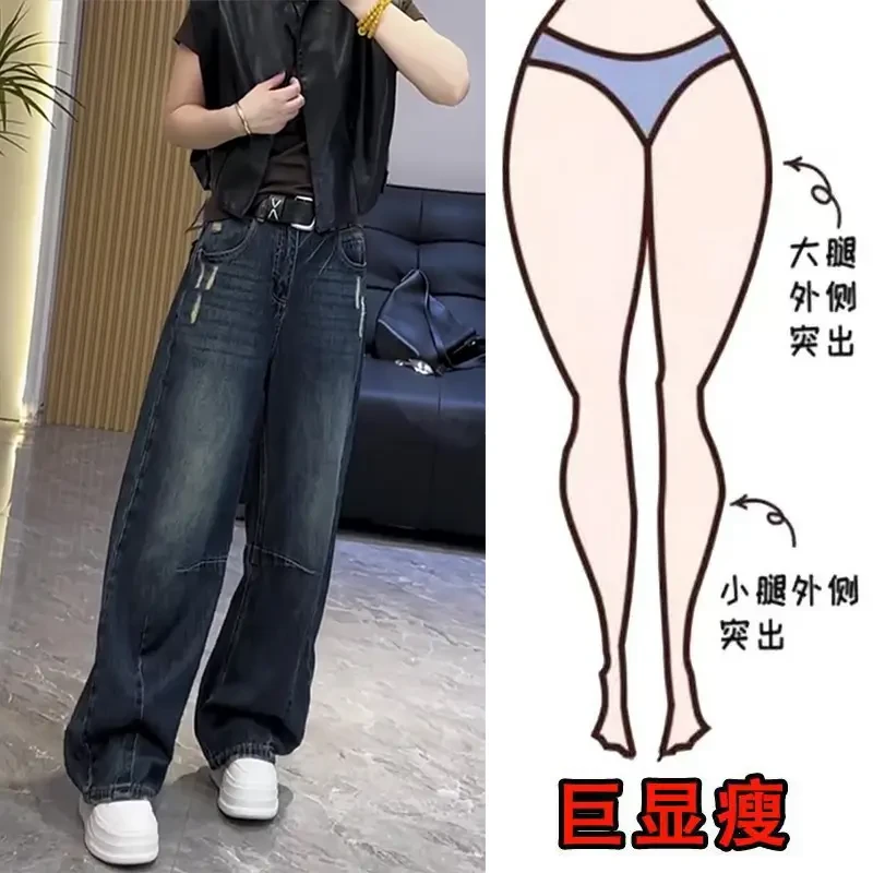 早秋新款美式时尚个性设计感复古通勤风显瘦高腰宽松阔腿牛仔裤