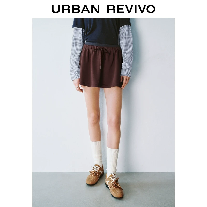 UR2025春季新款女装欧若风休闲运动撞色拼接松紧腰半裙UYY550005