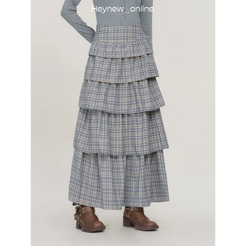 【黑妞 春季大上新 】格子蛋糕长裙高腰时尚复古日常-250087HN