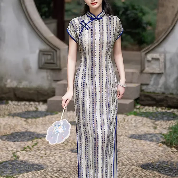 【蓝韵】夏季新款复古修身显瘦气质日常中长款改良旗袍连衣裙