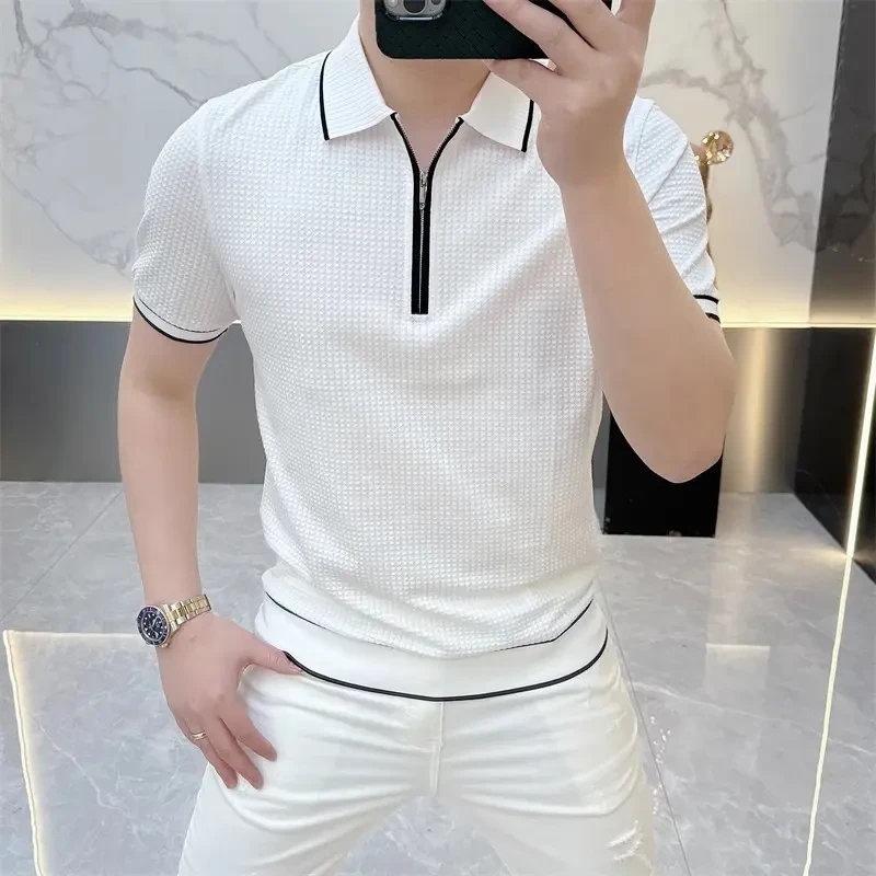 欧货短袖T恤男士时尚休闲夏季半袖POLO衫翻领拉链纯色上衣潮25291