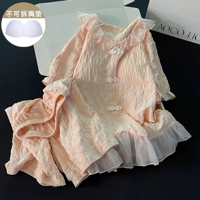 带胸垫睡衣女新款夏季粉色盘扣短袖短裤休闲新中式国风家居服套装