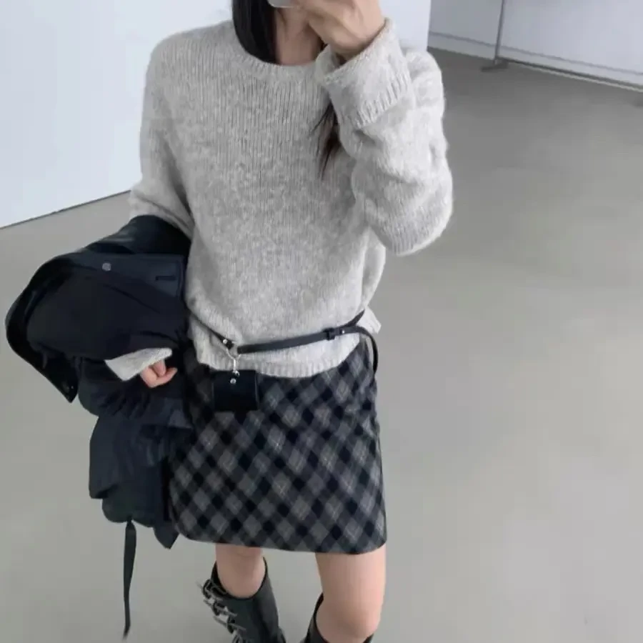 灰灰呀！2019 韩系复古设计感格纹拼接高腰百搭A字版呢子半身裙