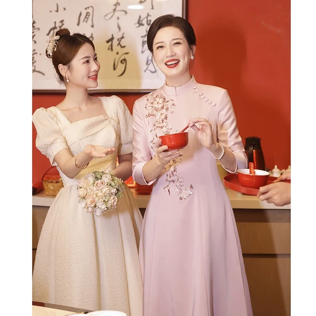 粉色妈妈婚宴装旗袍平时可穿高贵年轻中式喜婆婆婚礼礼服2025新款