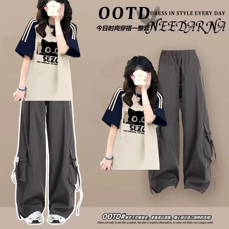 少女生多巴胺三条杠短袖夏季大童15中学生网红两件套装16岁一整套