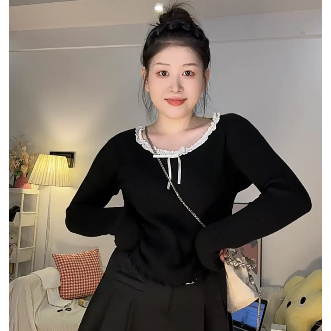 秋季新款微胖大码显瘦遮肉甜辣设计感针织毛衣打底衫