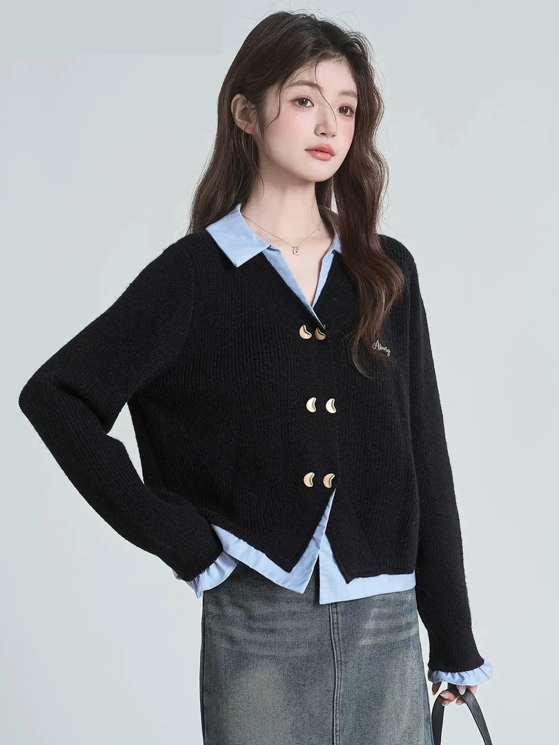 【陈陈私服】定制版黑色假两件针织开衫女秋季新款学院风POLO领外套