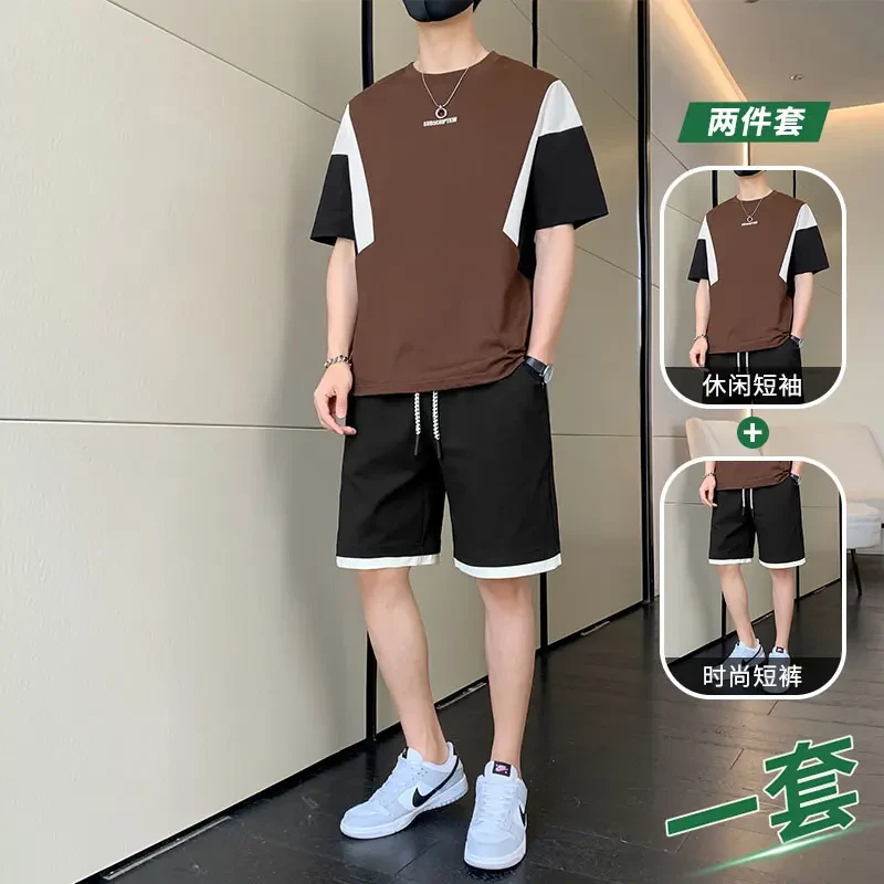 HE男士运动服套装夏季薄款冰丝短袖短裤休闲搭配帅气男装一套