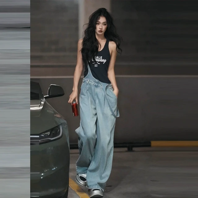 高级感修身内搭美式撞色印花工字背心女设计感背带牛仔长裤两件套