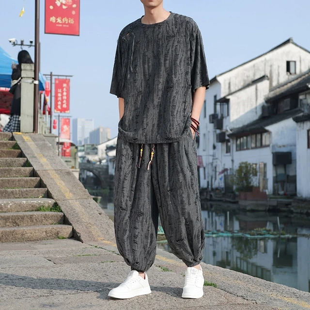 新中式汉服男中国风夏季薄款冰丝短袖t恤套装宽松大码镂空两件套