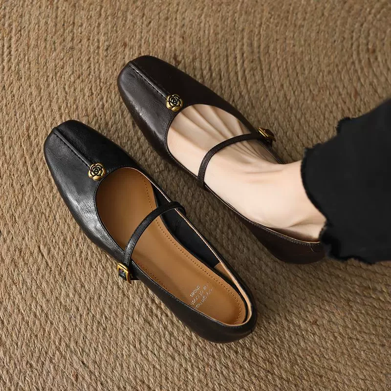 2cm法式复古山茶花玛丽珍鞋女2025年春秋新款一字带羊皮平底单鞋