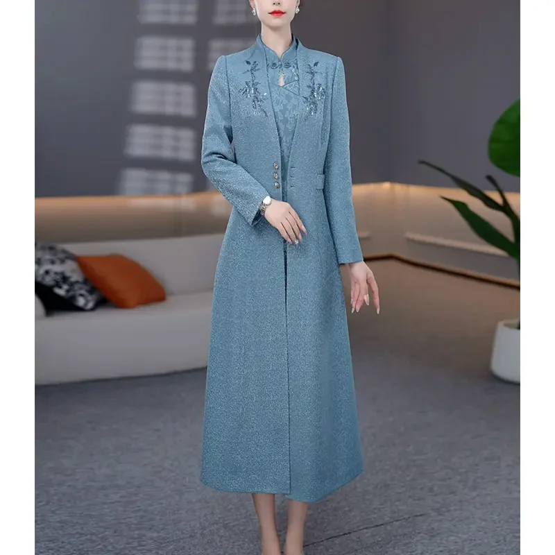 宫廷风中国风轻奢时尚套装秋冬装加厚显瘦中长款气质修身长袖