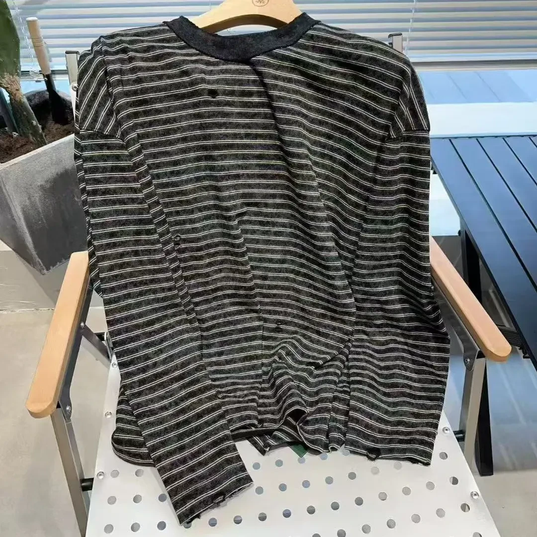 男士秋冬韩版撞色条纹破洞圆领长袖T恤纯棉磨毛加厚宽松百搭款