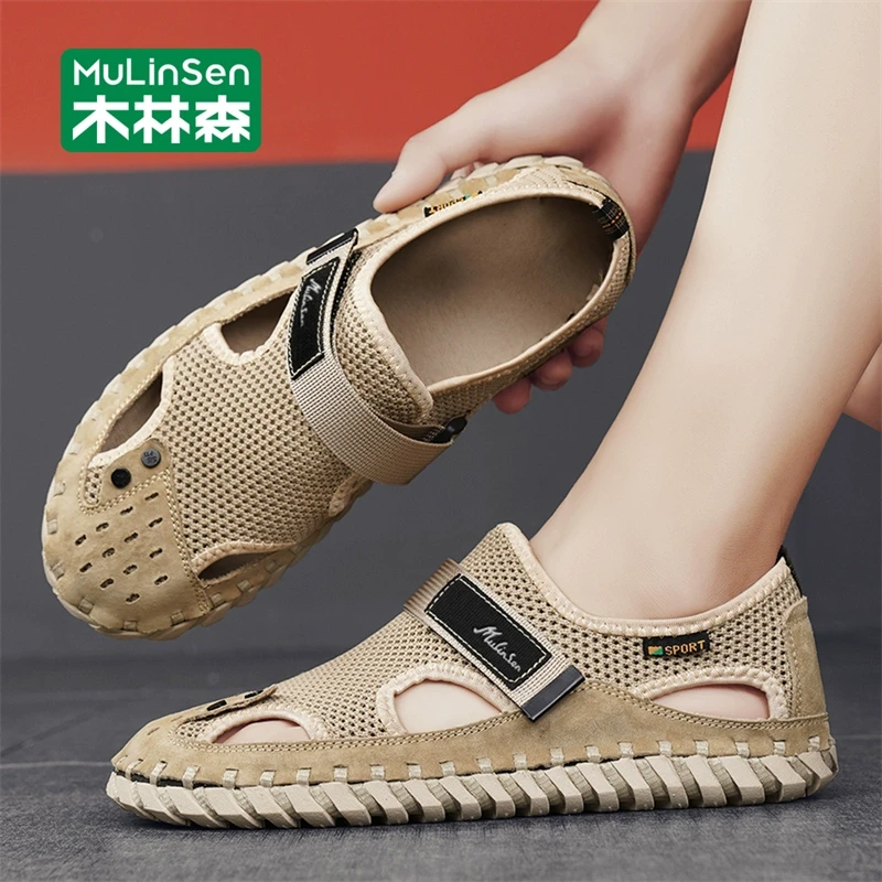 木林森沙滩鞋男款2025新款夏季镂空网面防滑耐磨涉水男士包头凉鞋