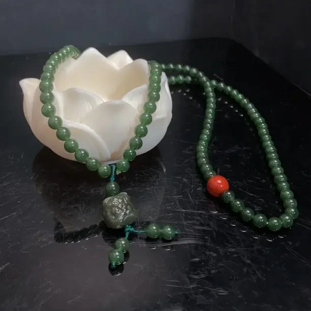 0787和田玉碧玉108颗圆珠醒狮手链项链6mm