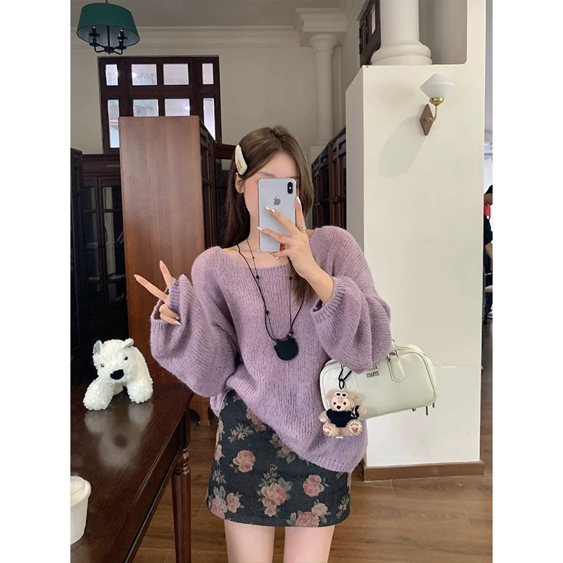 【断舍离】乌77香芋紫圆领毛衣复古玫瑰花色牛仔短裙两件套女