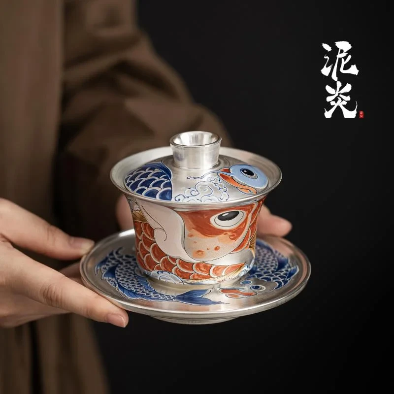 银茶具999鎏银龙鱼盖碗功夫茶具三才碗敬茶杯家用珐琅彩小泡茶碗