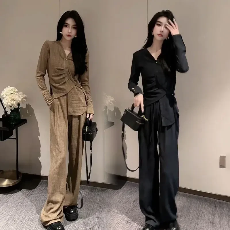2024秋季网红新款系带时尚套装女不规则气质上衣高级感阔腿裤两件