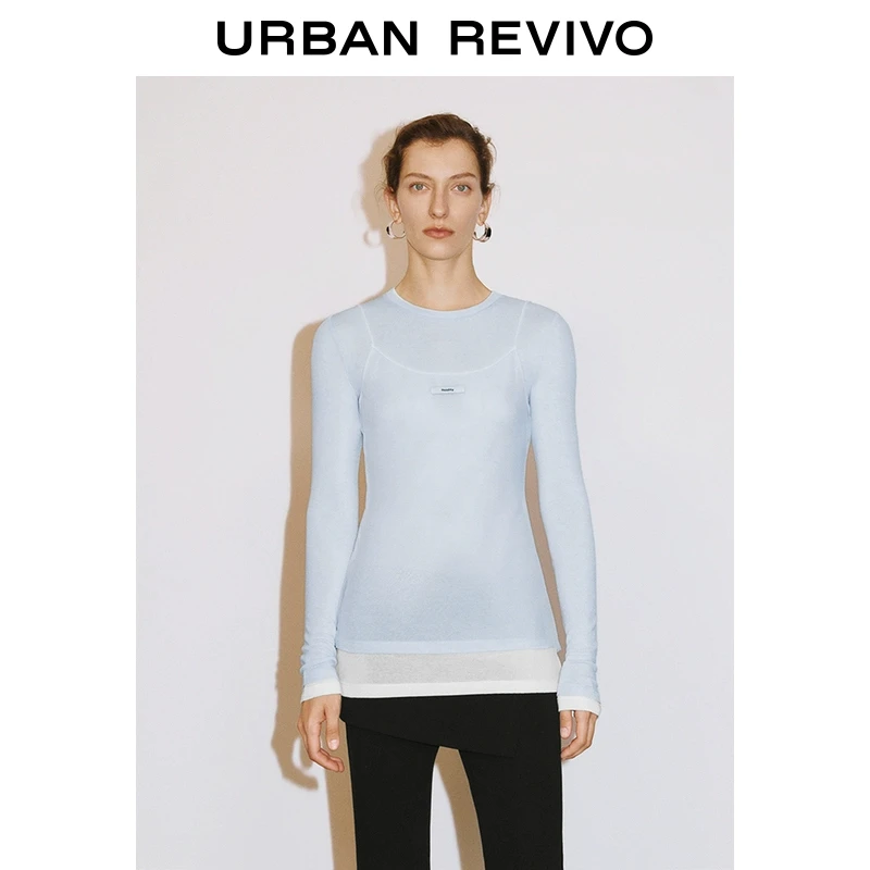 UR2025春季新品女装欧若风潮流慵懒风假两件拼接修身T恤UWJ450013