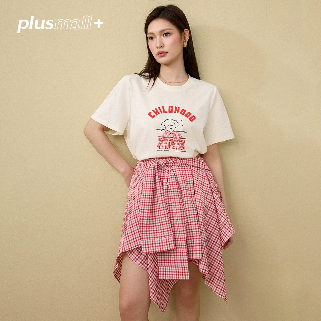 PLUSMALL 狗狗派对 舒适弹力针织宽松正肩圆领印花T恤PM2504065AB