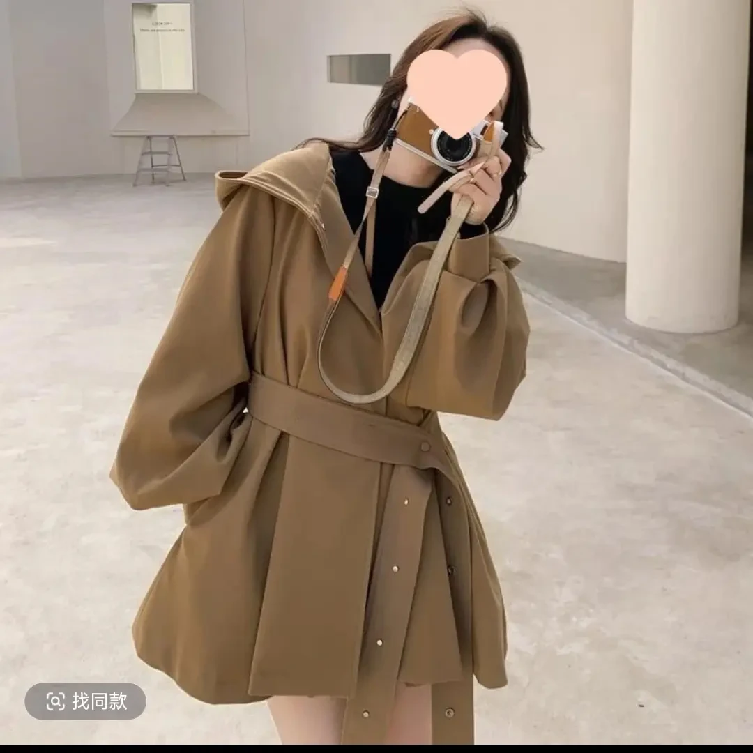 短款灯笼袖连帽风衣女宽松气质秋季小个子外套