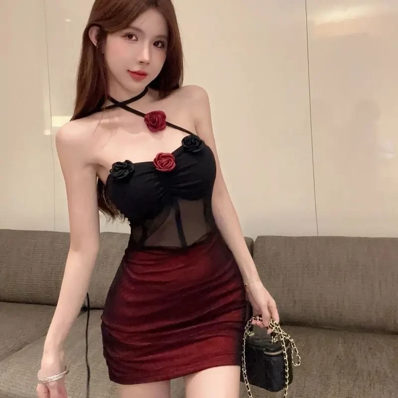 【CherryBaby】暗黑辣妹风性感挂脖带胸垫抹胸连衣裙修身包臀裙