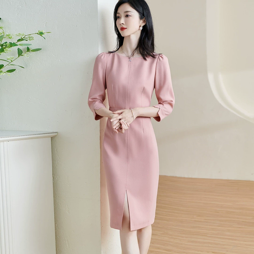 2024气质时尚优雅纯色通勤裙子女修身开叉知性优雅连衣裙女5M23CL