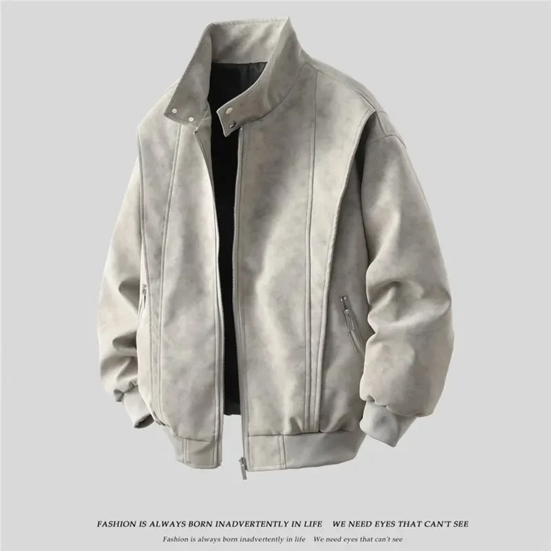 美式复古PU皮夹克男潮牌解构设计防脏防水翻领皮衣机车服秋季外套