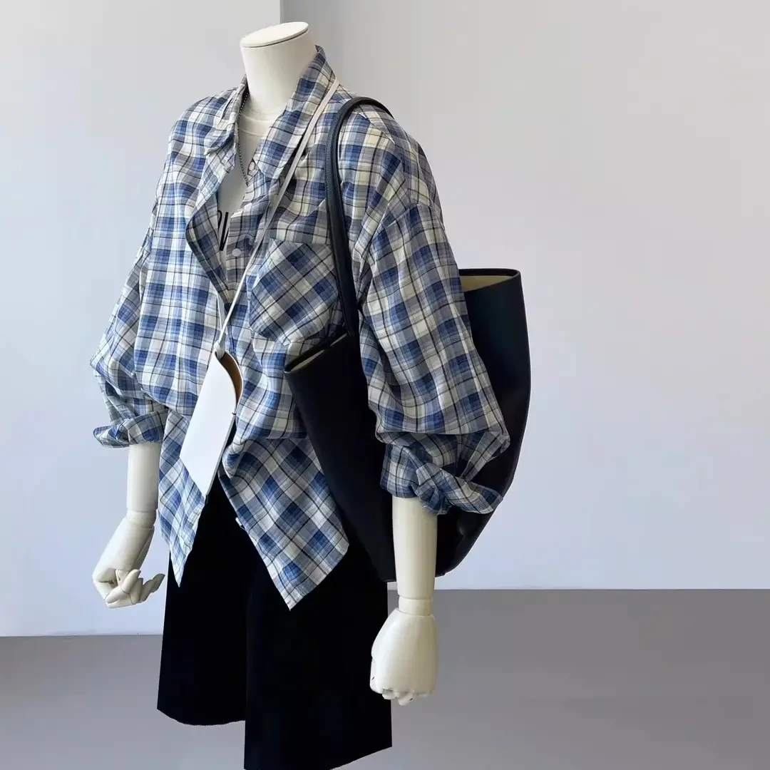 2025秋季新款高级感蓝色格子衬衫法式气质小衫松弛感衬衫通勤时尚