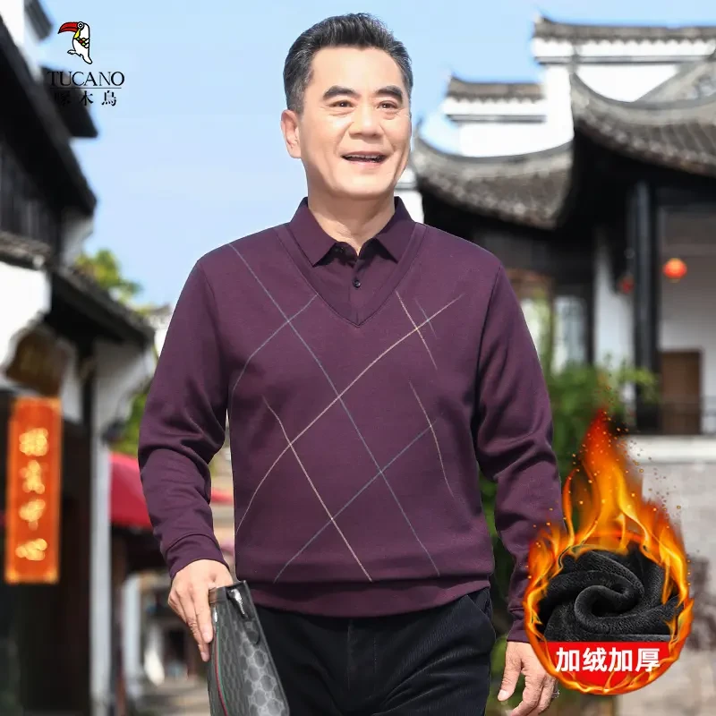 爸爸装冬季加绒加厚假两件上衣保暖防寒男士毛衣长袖中老年休闲