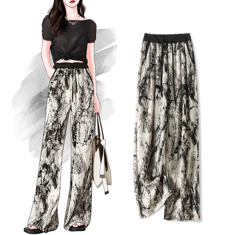 水墨画雪纺国风阔腿裤女夏薄款花2025显瘦裤子高腰垂感冰丝直筒裤