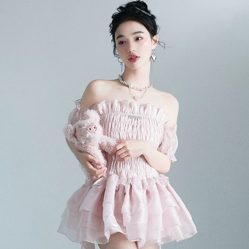 OAKMOO/ "微熏玫瑰"粉色少女复古温柔抹胸连衣裙设计感蓬蓬短裙子