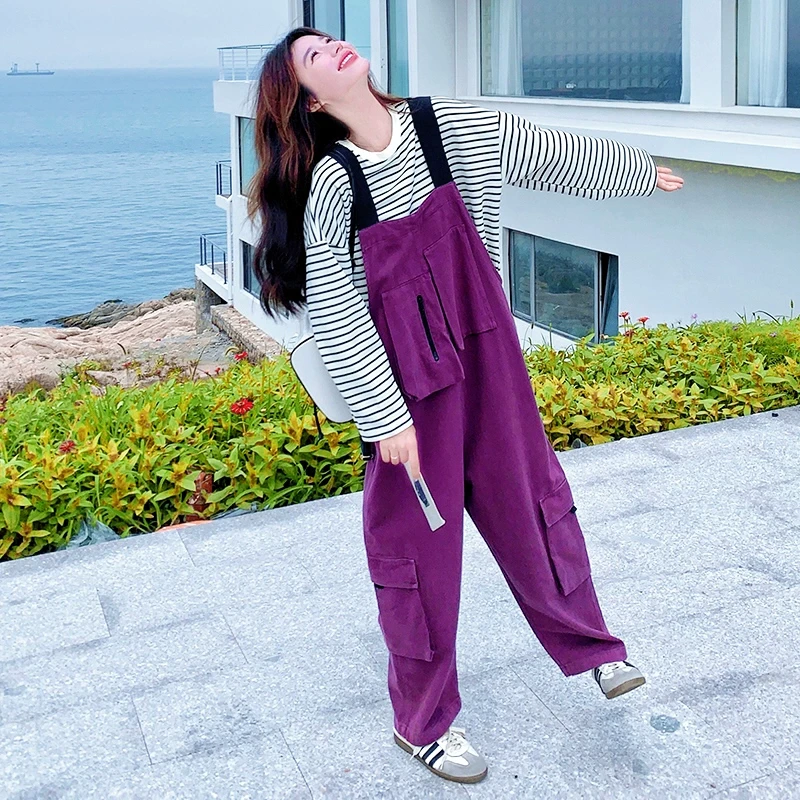 韩系休闲工装背带裤女春季学院风减龄条纹T恤连体阔腿长裤两件套