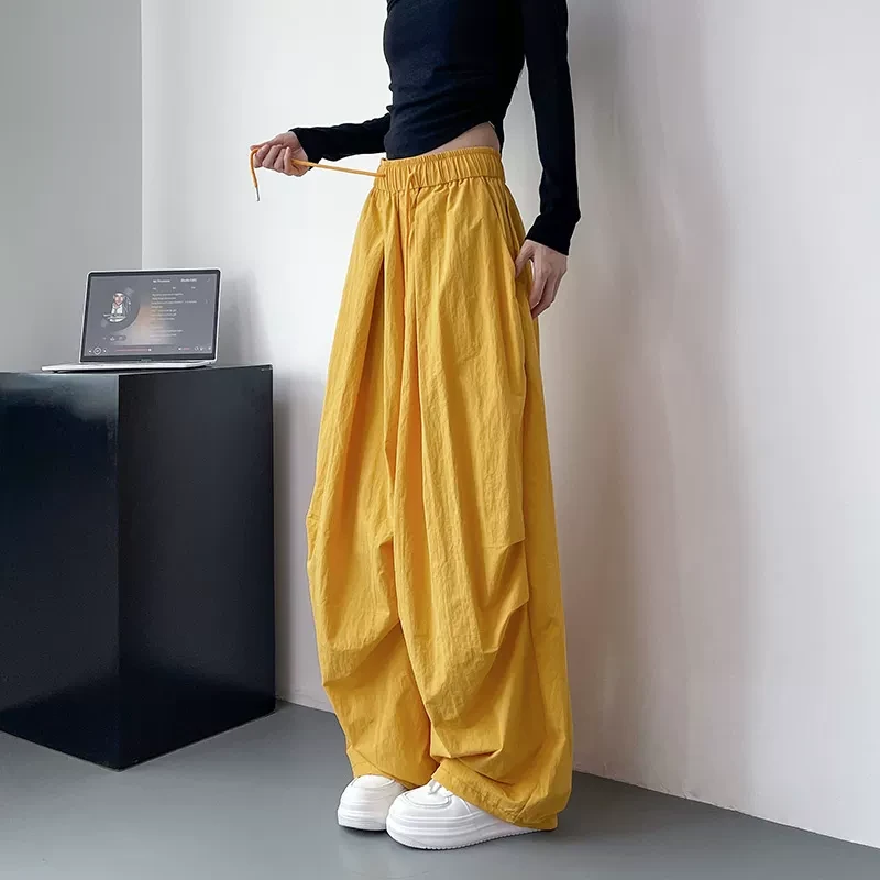 阔腿裤女早秋2024新款大码胖mm宽松显瘦休闲裤高腰抽绳机能工装裤