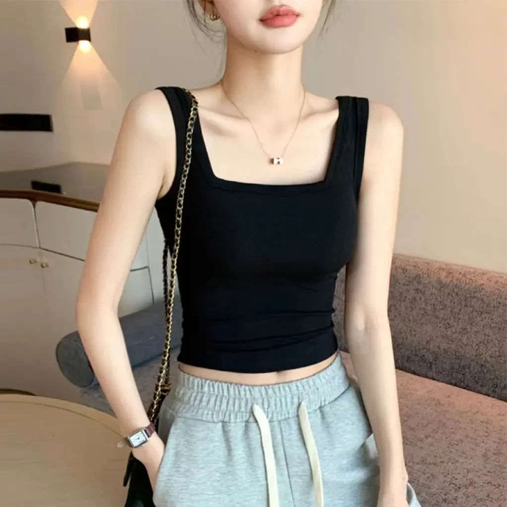 拉夏贝尔黑色吊带背心女夏美背方领棉质无袖西装内搭打底外穿短款